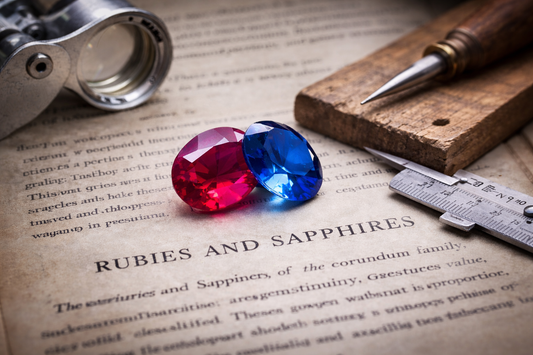 Ruby and sapphire gemstones on a jeweller’s workbench with loupe, caliper, and wooden bench pin, representing artisan craftsmanship and gemstone evaluation